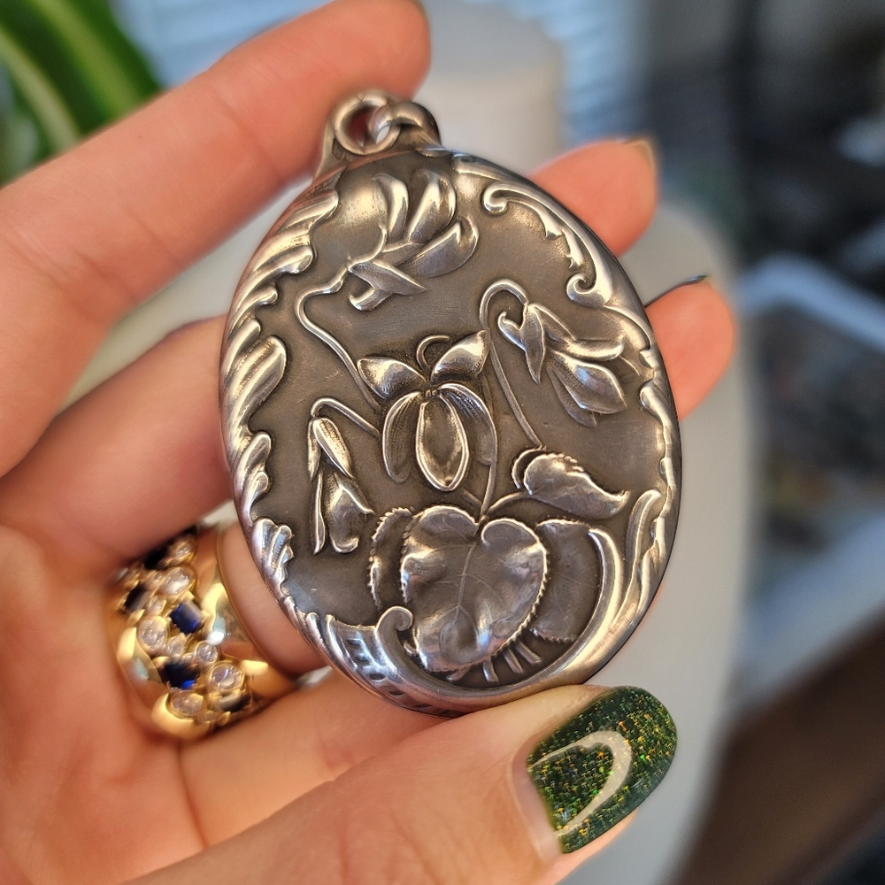 French repousse sterling floral mirror locket